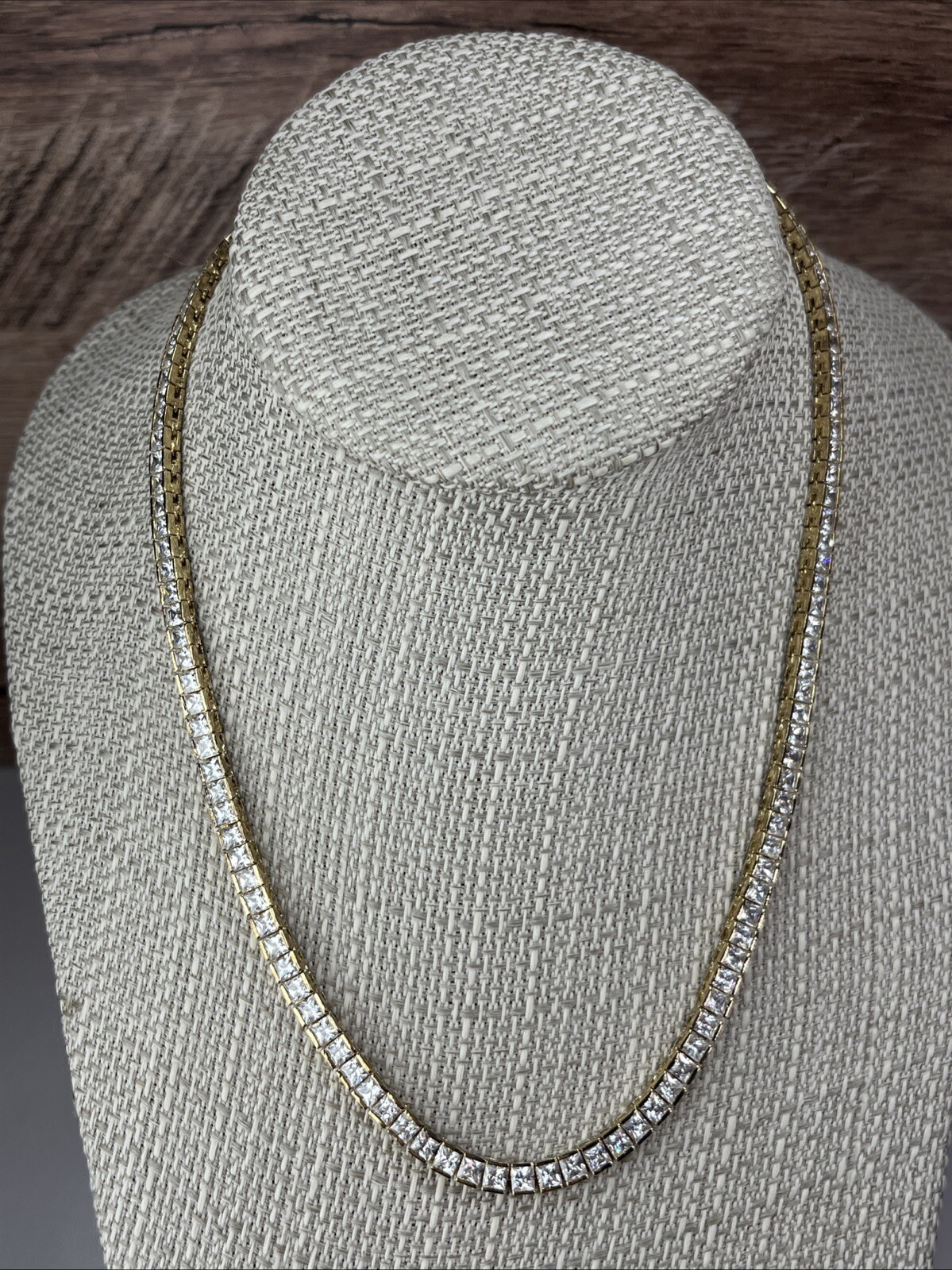 Tennis Chain 16.5” 925 Sterling Silver Clear Simulated CZ Necklace Gold Tone