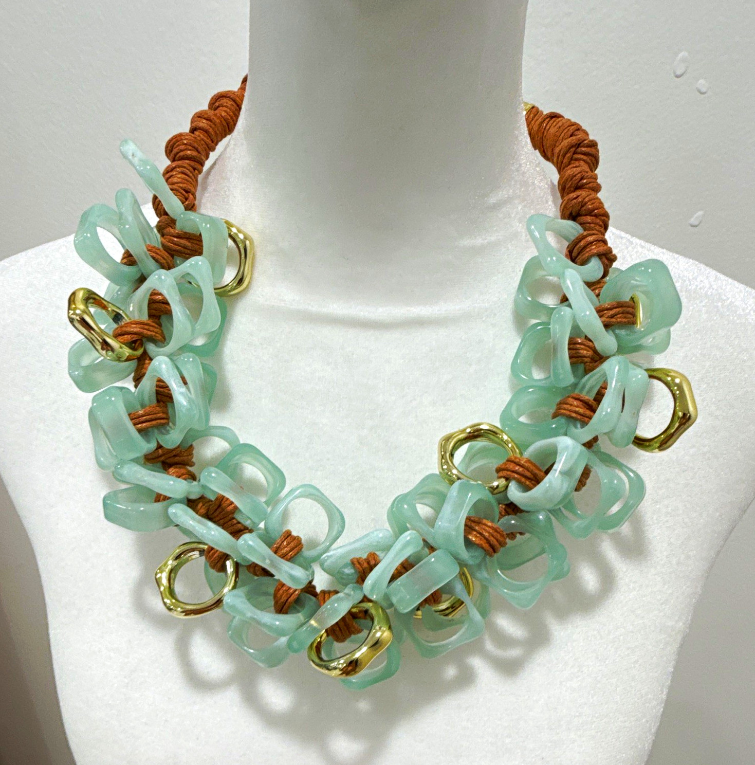 Aqua Acrylic Link Statement Necklace Brown Cord Gold Tone Cable Chain Adjustable