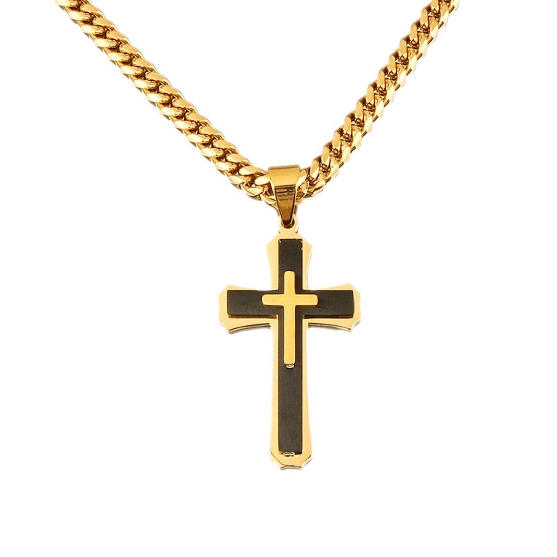 Men’s Stainless Steel Cross Necklace Cuban Chain Pendant Gold Silver Black 24
