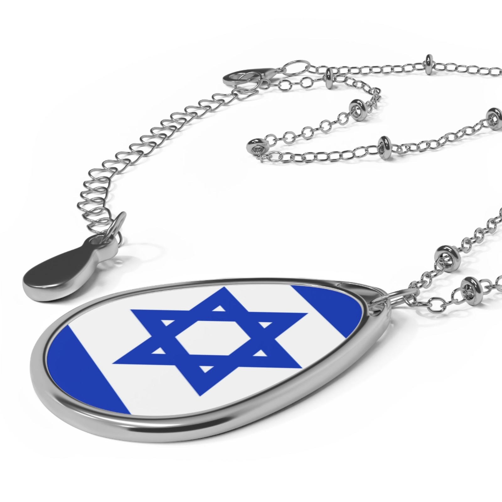 Israel Flag Oval Necklace – Israeli Heritage Pendant – One Size / Silver