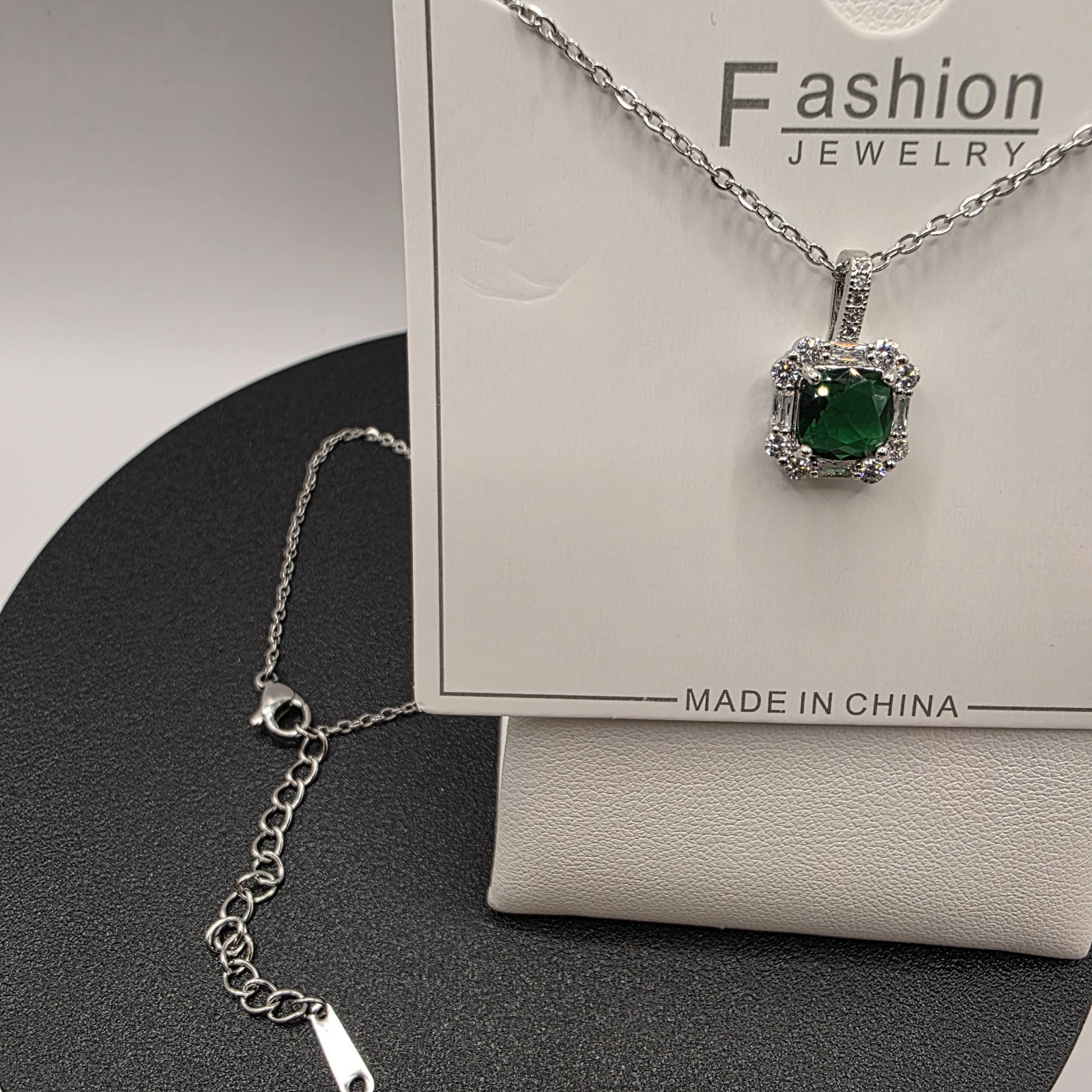 Stainless Steel 16″ Necklace w/17mm Green CZ Fashion Pendant