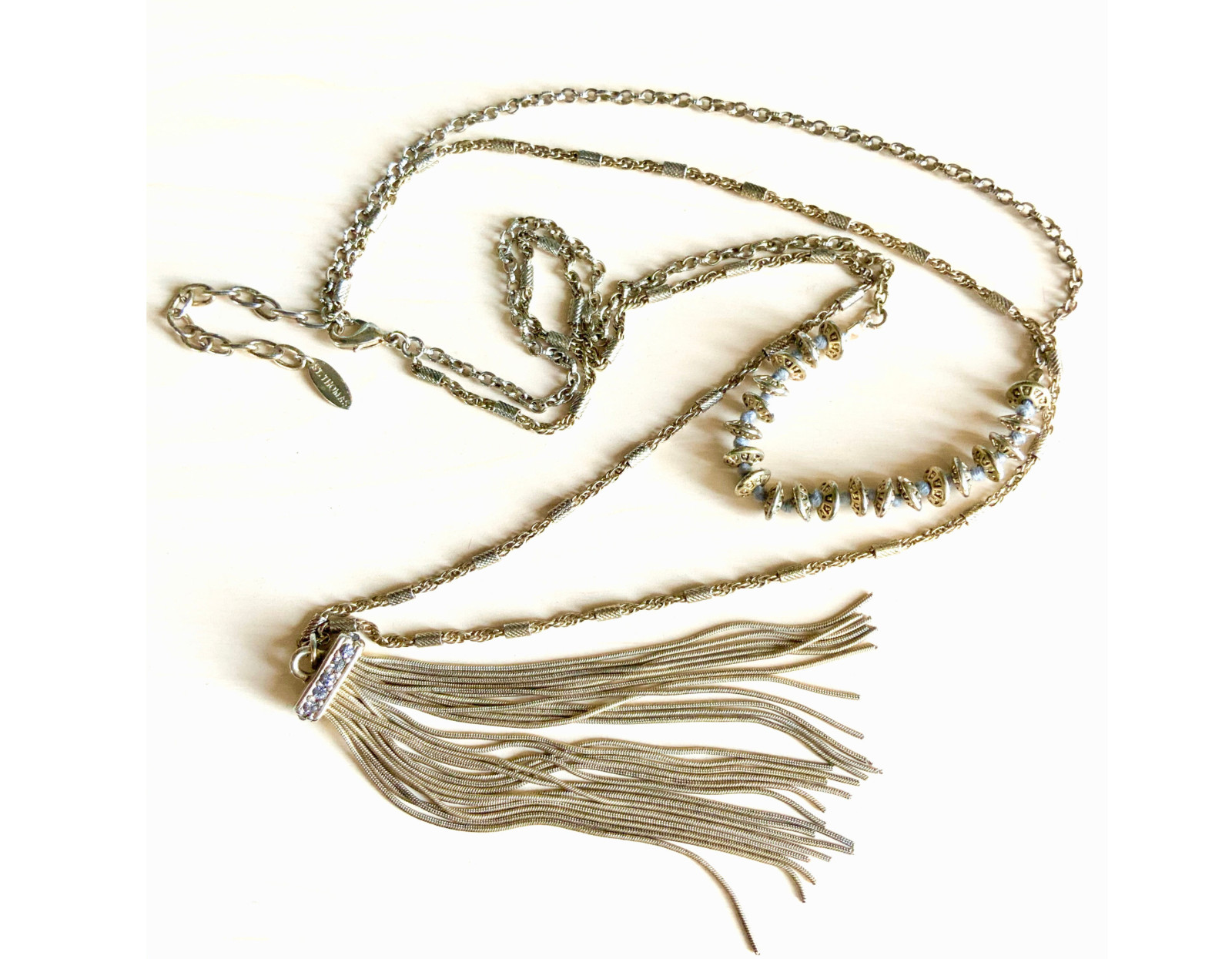 Vintage tassel necklace ST. THOMAS rhinestone antiqued gold multi strand layered