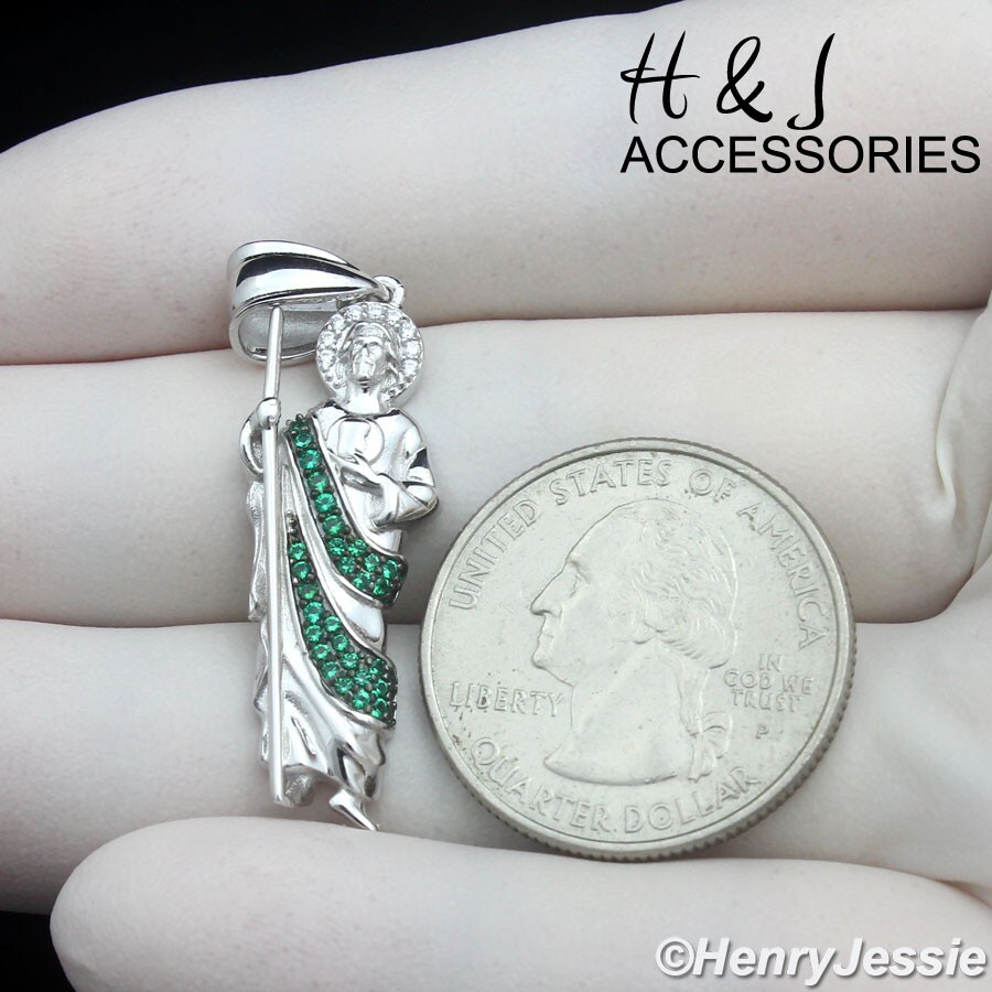 MEN SOLID 925 STERLING SILVER ICY GREEN CZ 3D SAN JUDAS ST.JUDE PENDANT*ASP490