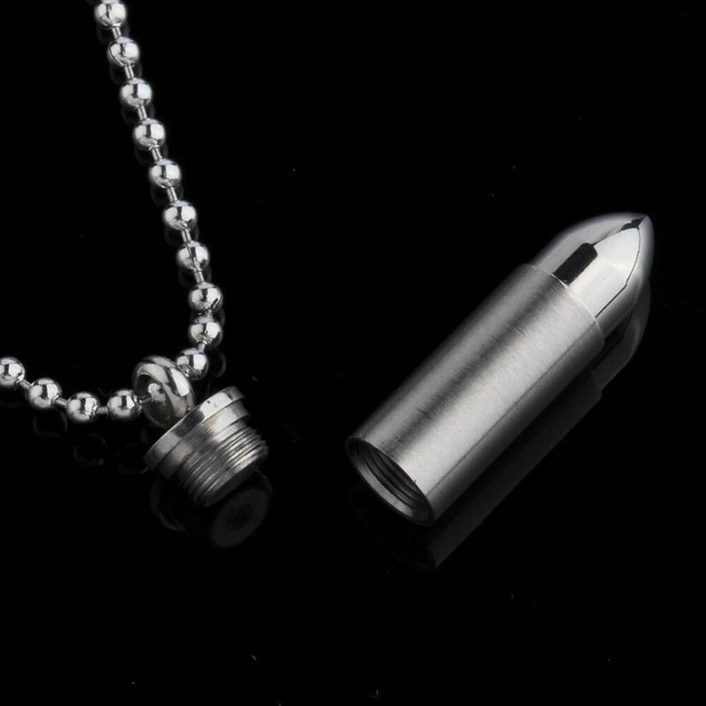 Mens Stainless Steel Necklace Open Bullet Pendant Pill Case Holder Male Jewelry