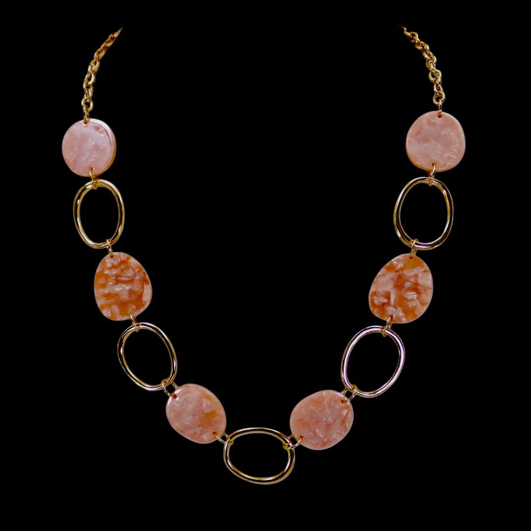 Pink and gold link necklace with pink flat marble look oval disk beads NEW