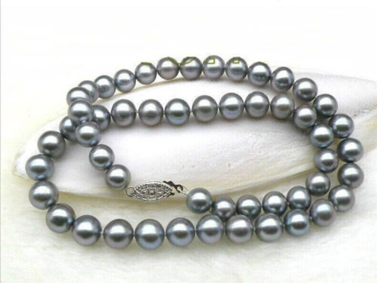 Perfect round 9-10mm natural south sea silver gray cultured pearl necklace 18”