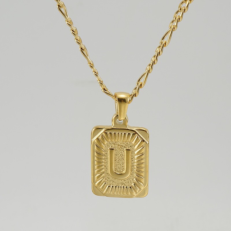 18″ Gold Plated Initial Letter Pendant Necklace Stainless Steel Figaro Chain