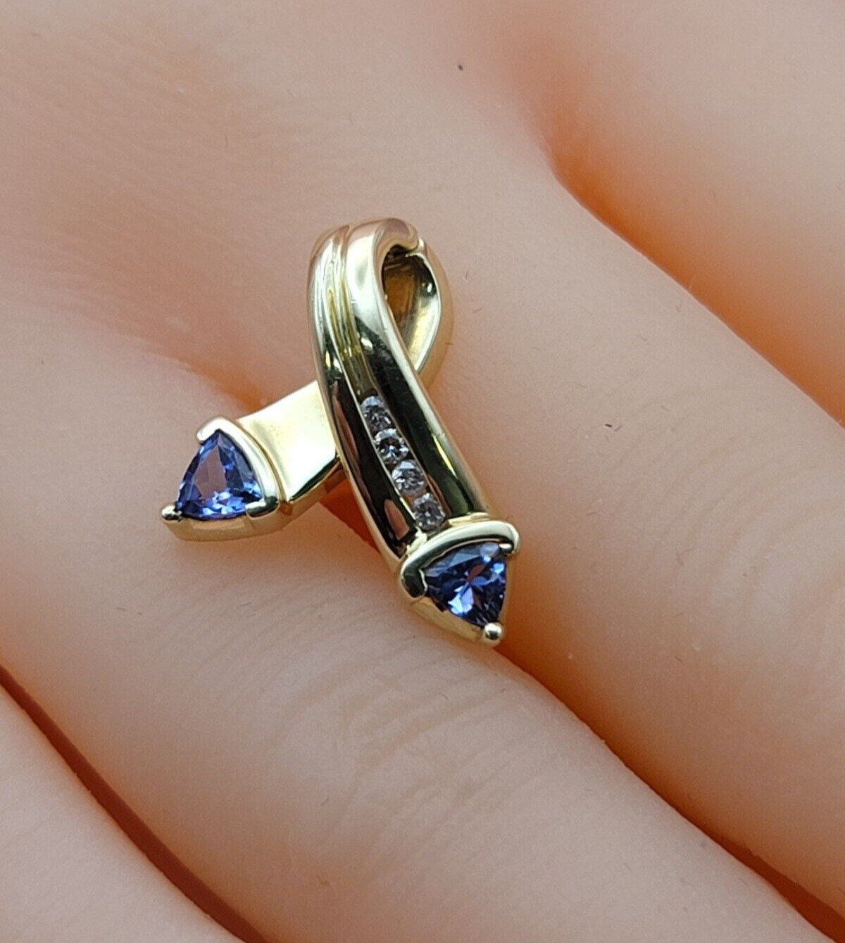 14k Yellow gold Trillion Blue Tanzanite Diamond Hinged Slider Pendant