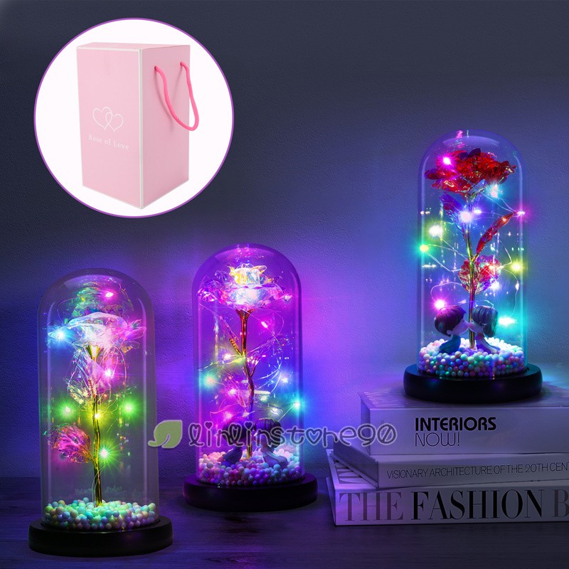 Enchanted Eternal Rose Flower In Glass Dome LED Light Valentine’s Day Gift +Box