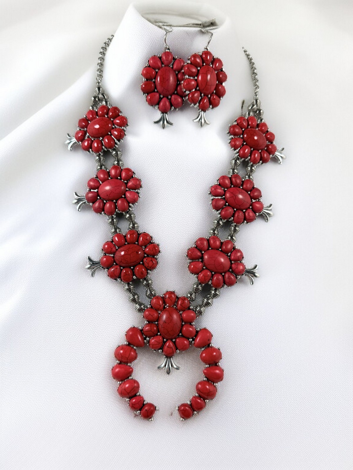 Western Summer Red Faux Turquoise Squash Blossom Statement Necklace & Earrings