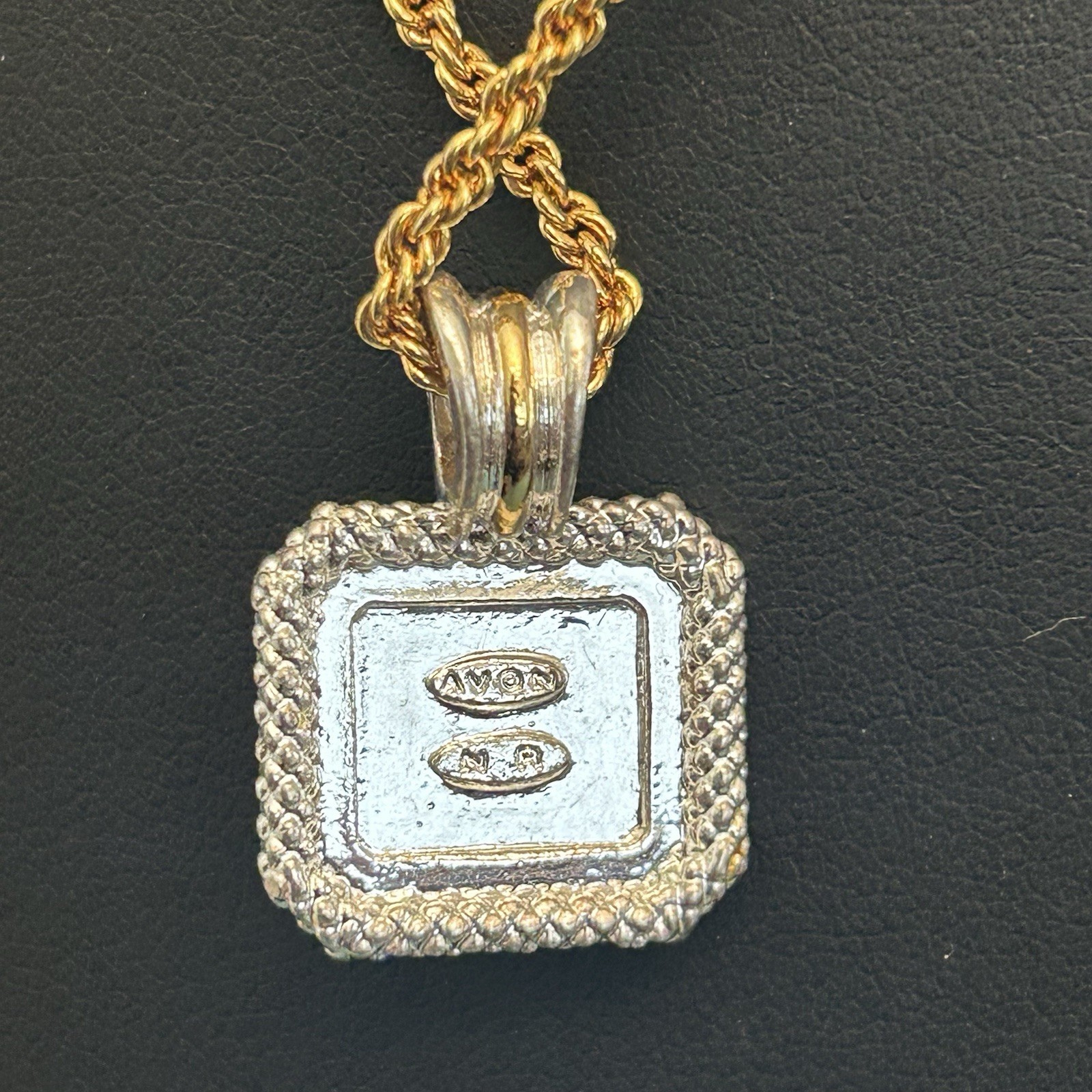 Avon Gold Plated Square Pavé Rhinestone Pendant Rope Chain Necklace, Signed