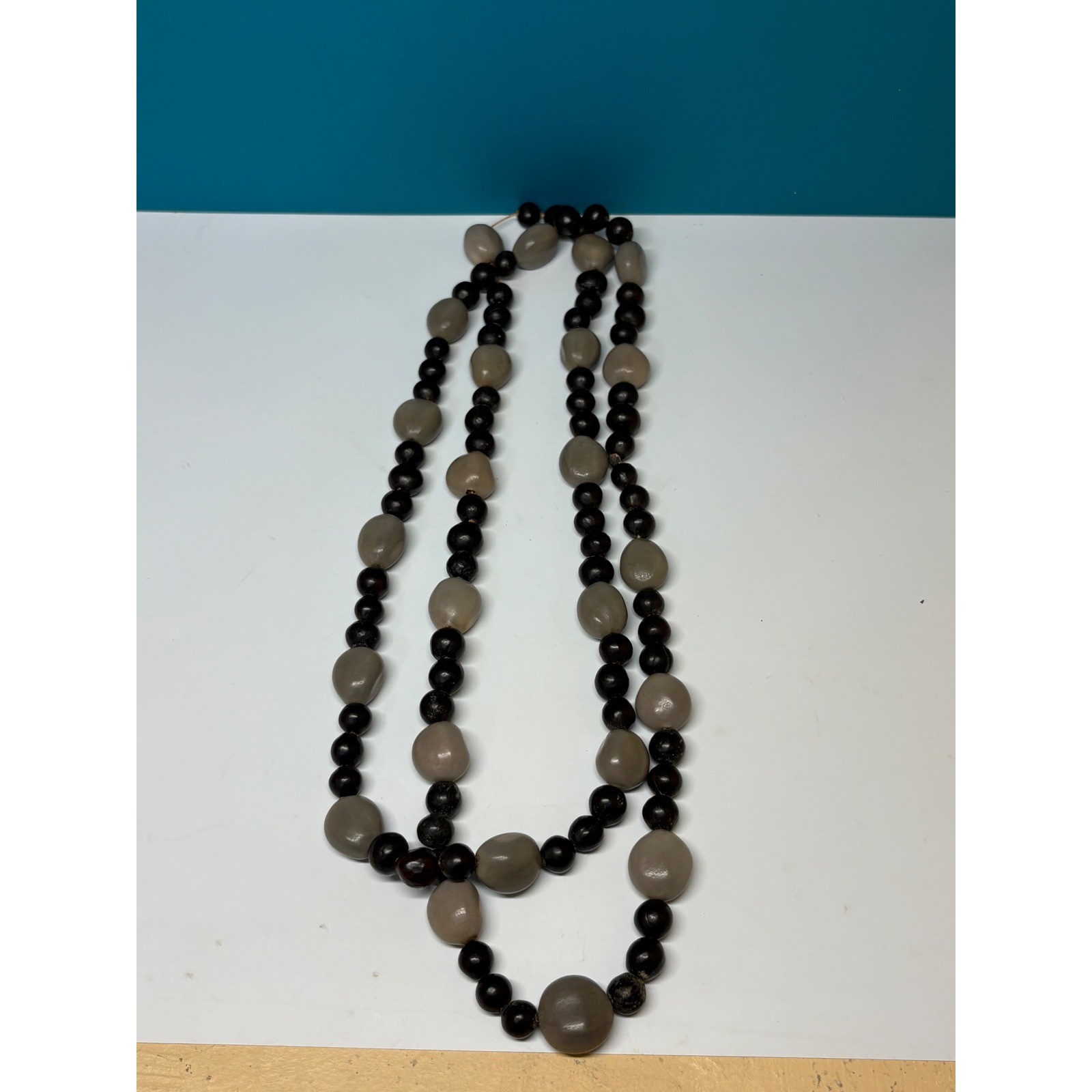 Vintage Black and Grey Organic Seed Bead Double Strand Long Necklace