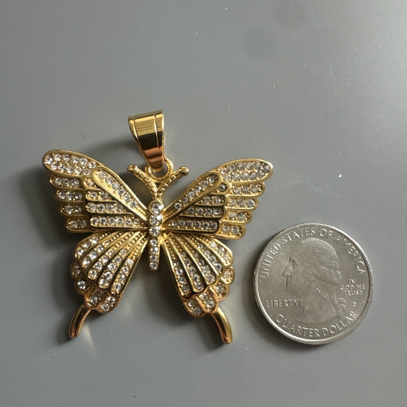 Butterfly Gold Tone Pendant Necklace Stainless Steel Gift Her Cubic Zirconia Fly