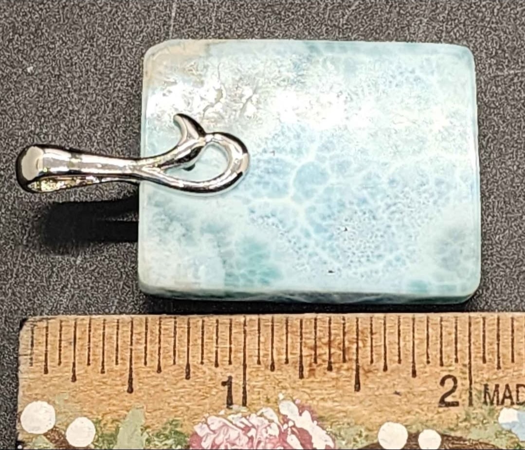 Silver Larimar/Pectolite Rectangle Stone Charm Pendant w/ Silver-Tone Bail