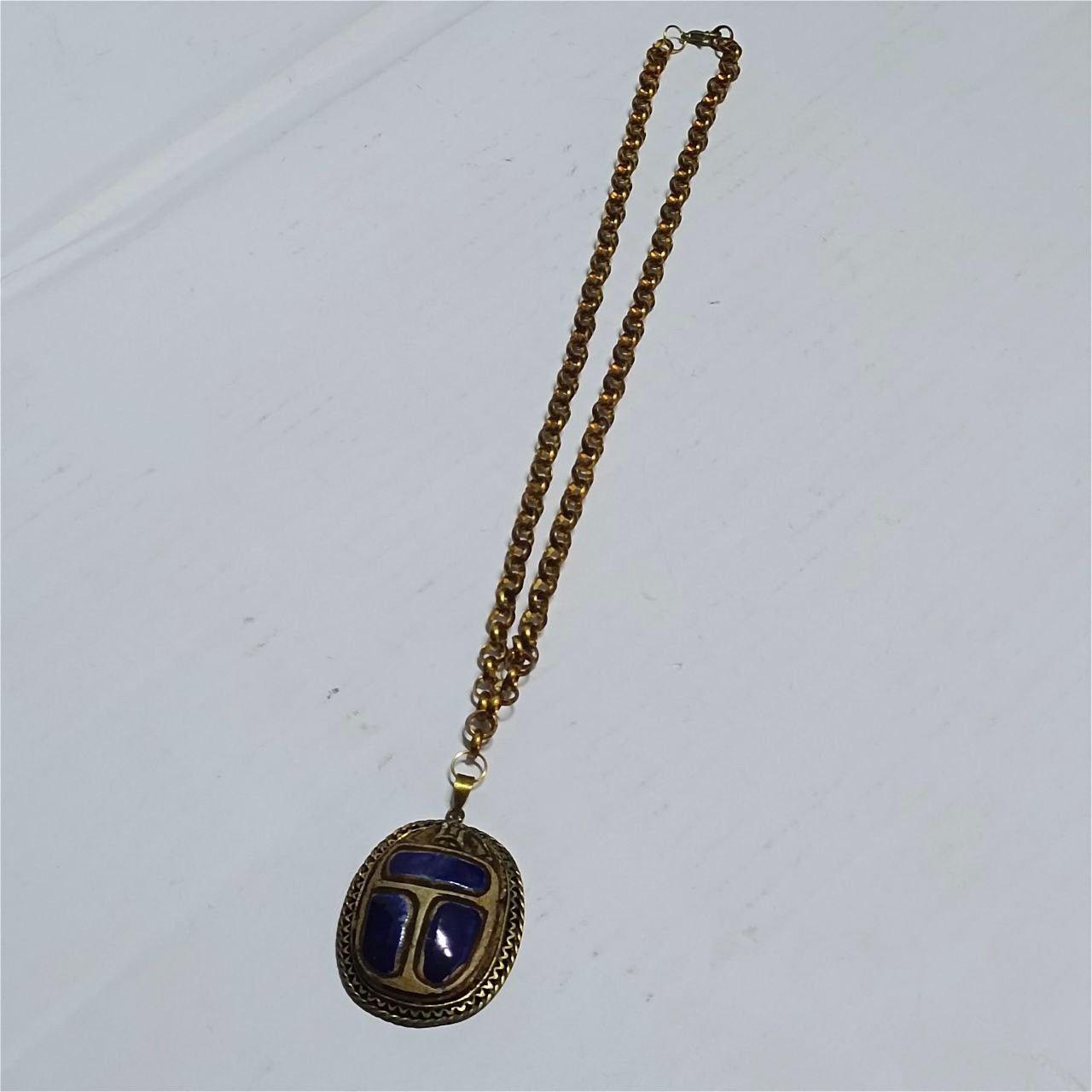 Vintage Brass Scarab Pendant Necklace Blue Inlay Classic Egyptian Style Jewelry