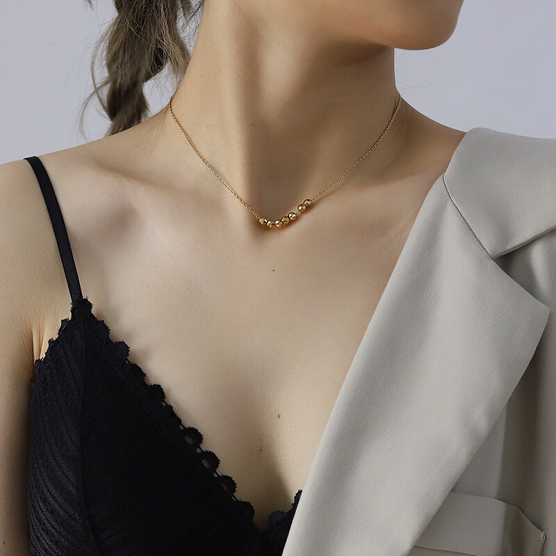 Woman Fashion 18K Gold Plated Stainless Steel Beads Balls Charm Chain Necklace