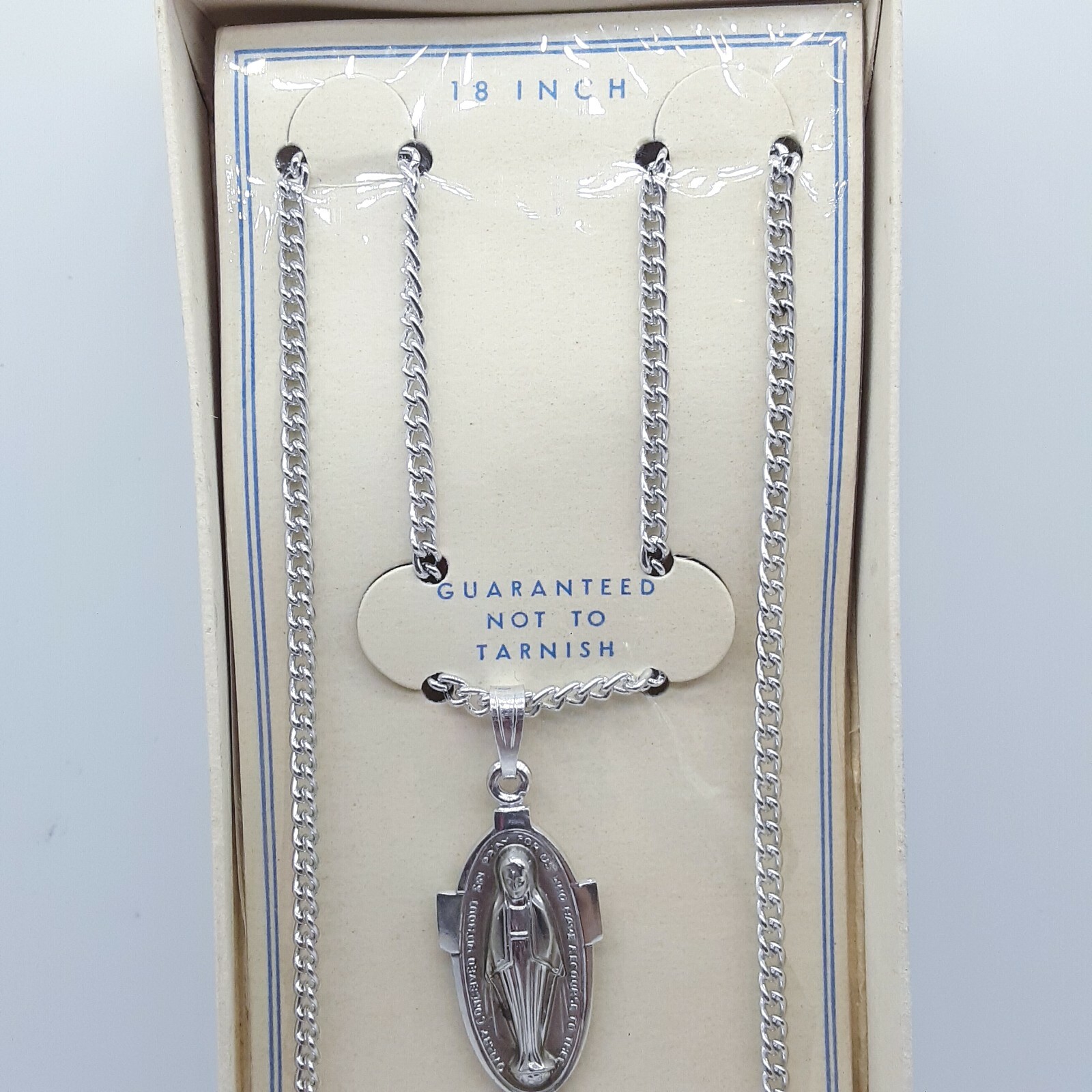 NOS Vintage Catholic Virgin Mary Medal Pendant Necklace 18″ Germany Made silver