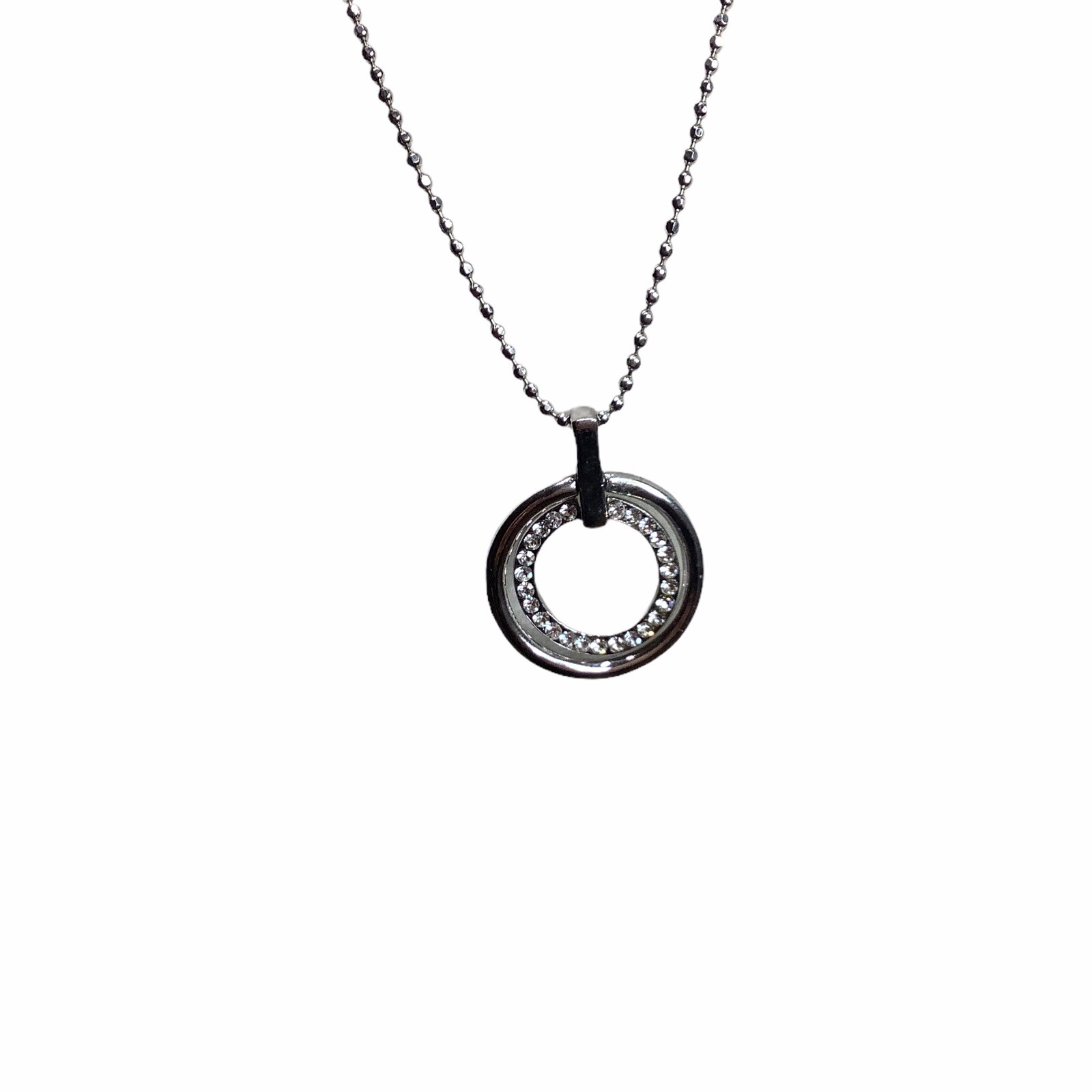 Cookie Lee Silver Tone 2 Circle Hoop RhinestonePendant Necklace 32″ total