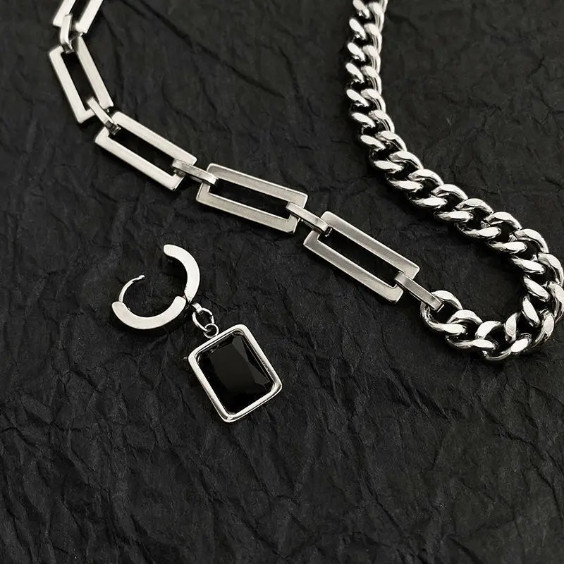 316L Stainless Steel Two Tone Chain Necklace for Men Black Square Tag