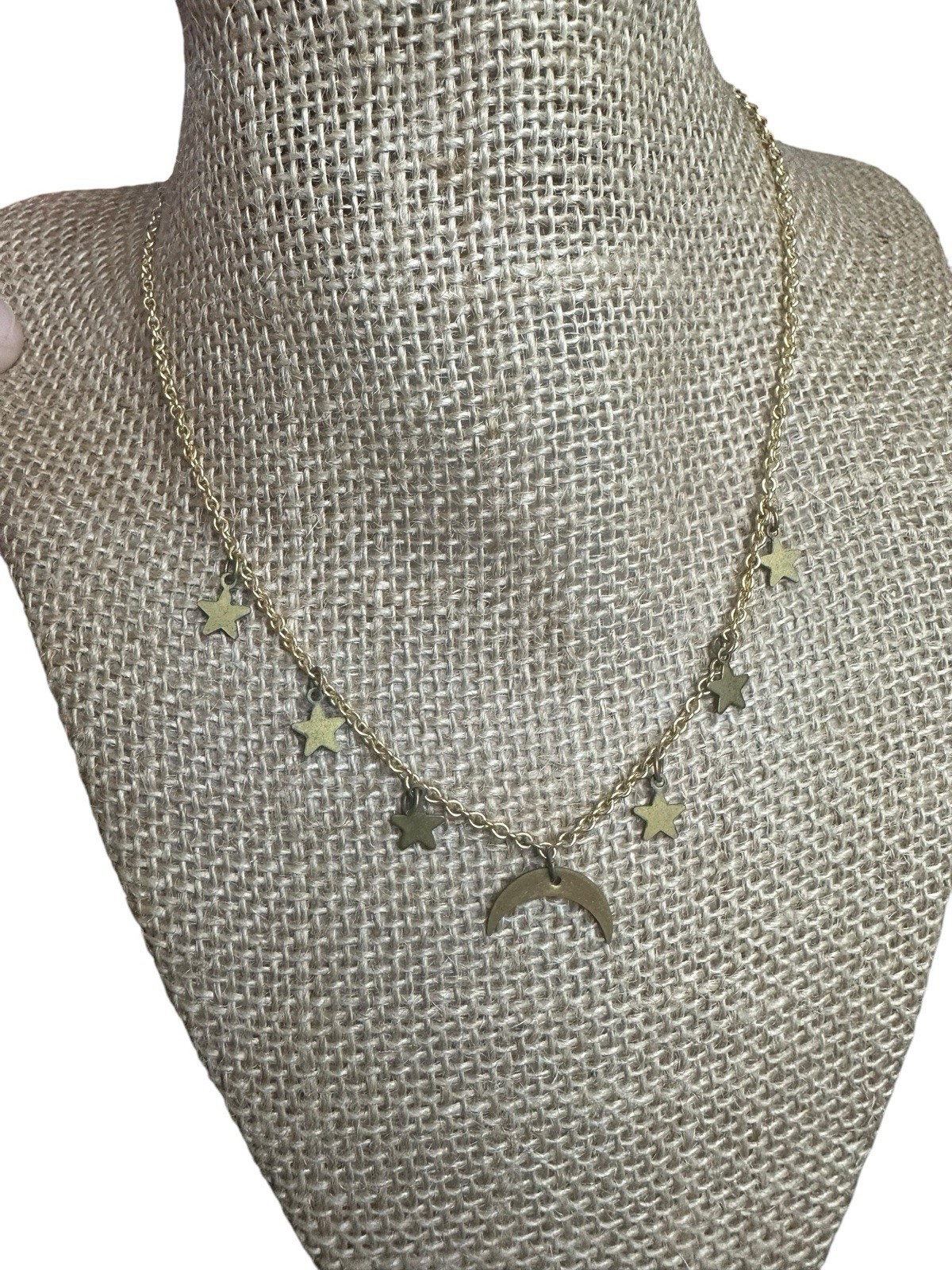 Gold Tone Dainty Dangle Star Moon Celestial Charm Chain CHOKER 16”Necklace
