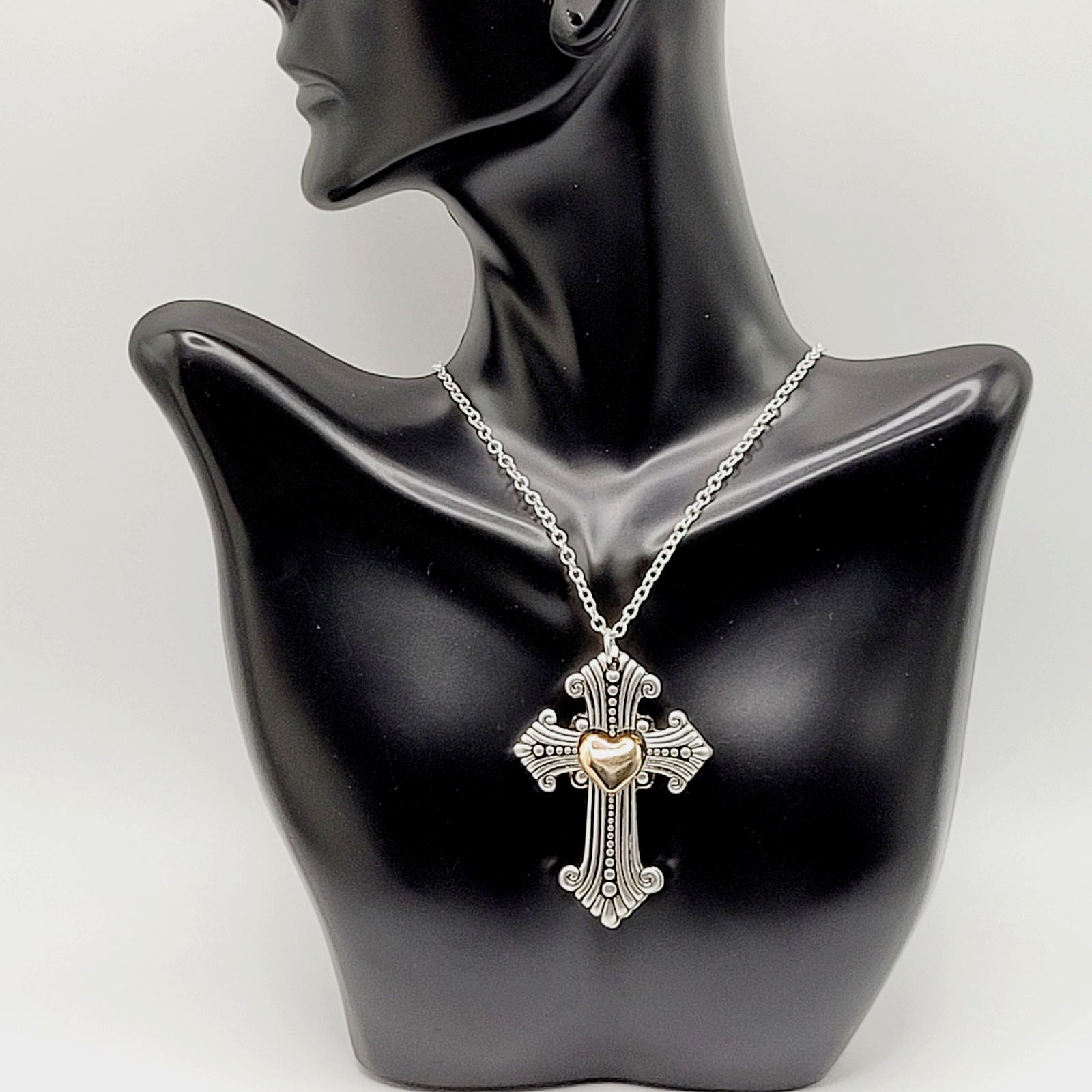 Modern Slide Cross Heart Charm Serenity Prayer Roman Style Silver Tone Necklace