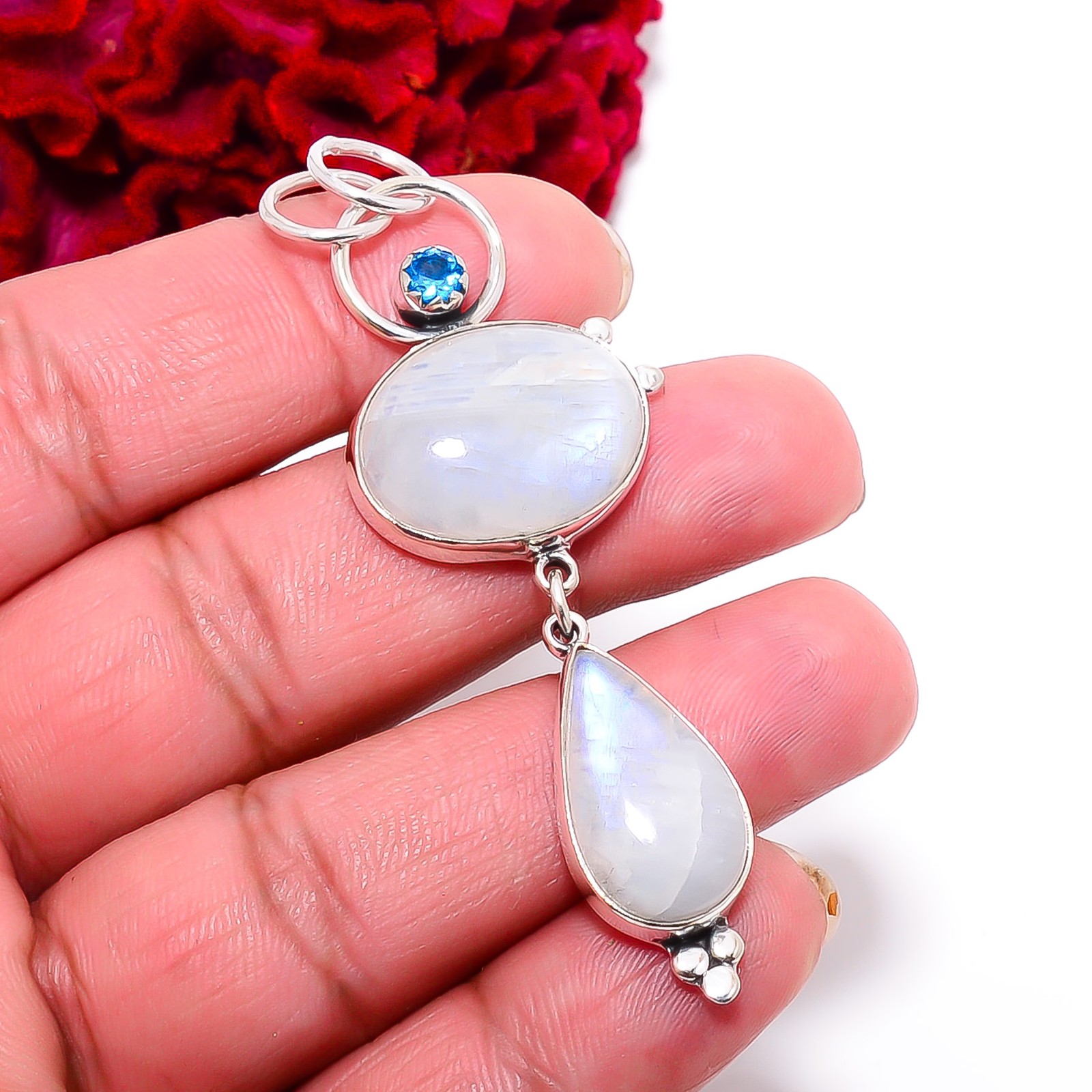 Rainbow Moonstone & Blue Topaz Handmade 925 Sterling Silver Pendant 2.81″ P46