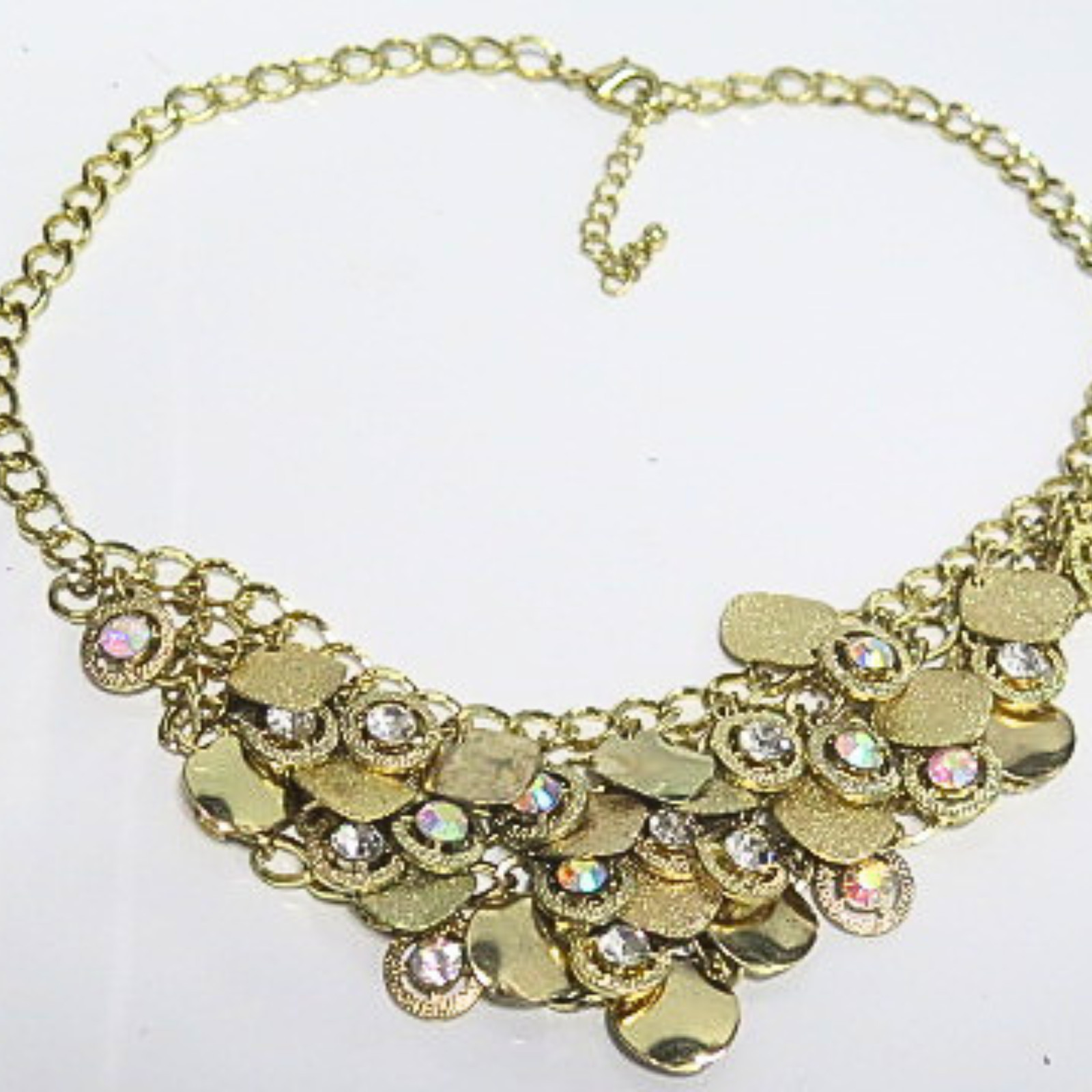 Gold Tone Crystal Coin Statement Bib Necklace AB Rhinestones Adjustable