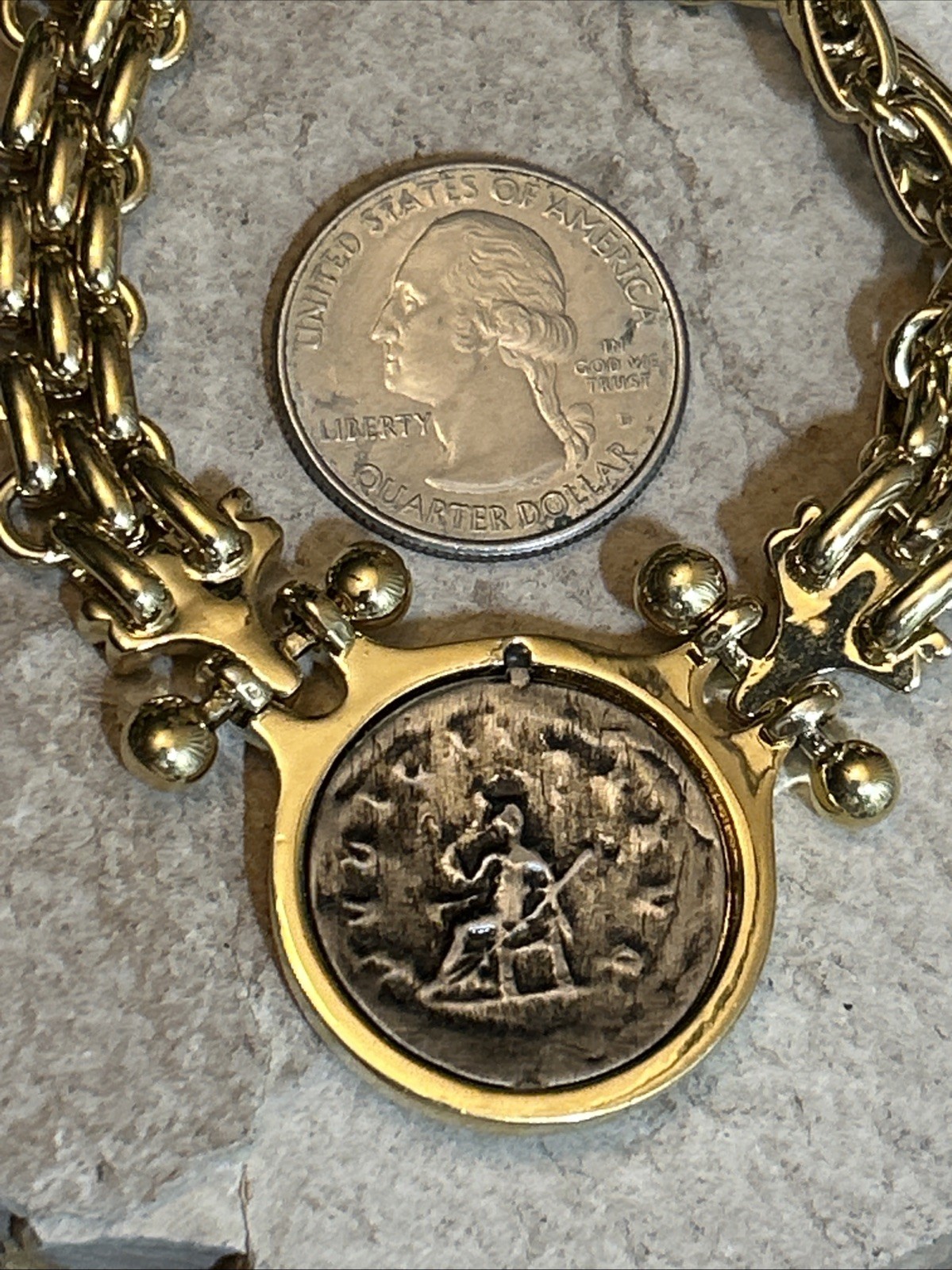 46. Gold tone Faux Roman Coin Basket Braided Chain link Collar Necklace 16 1/2″