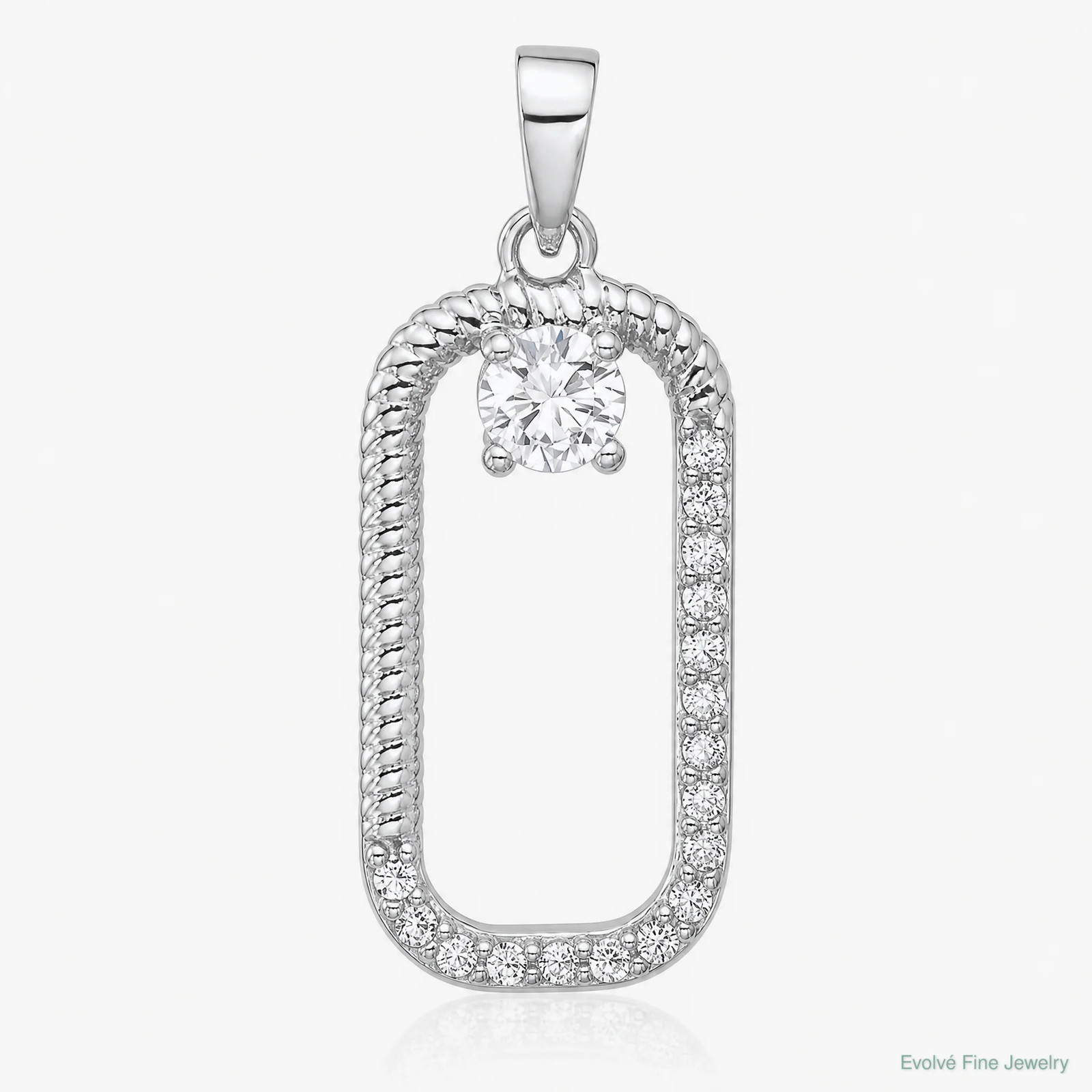 Sterling Silver Rhodium-Plated CZ Textured Rectangle Pendant
