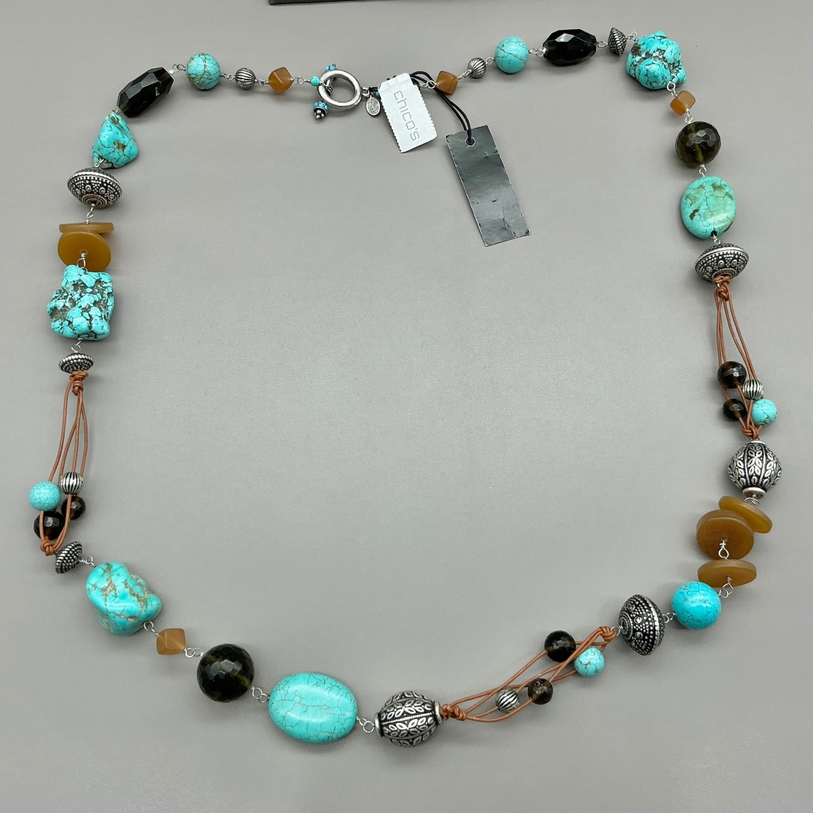 Chico’s Necklace Womens Turquoise Silver Tone Beaded Leather Boho Long 26 Inch