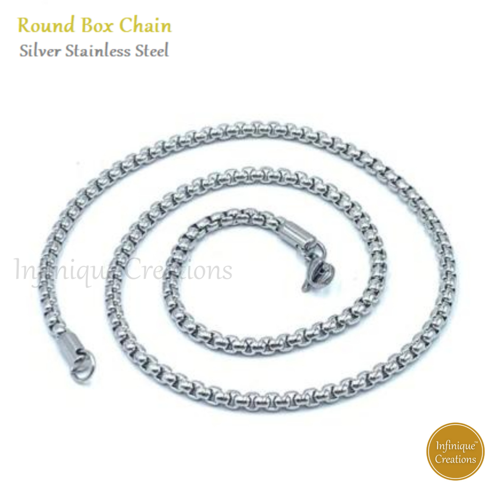 Stainless Steel Silver Round Box Chain Bracelet Necklace Men Women 1.5-5mm 7-38″