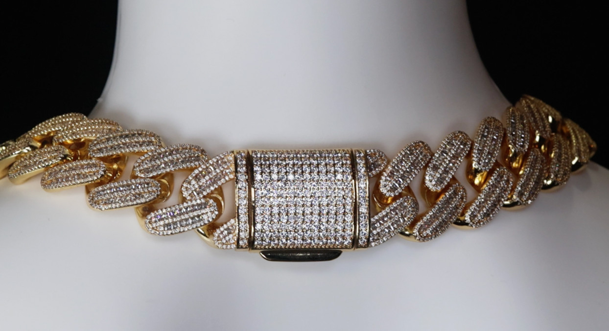 Gold Iced Chain, Gold Cuban Link Chain, Hip Hop Chain, Simulated Diamond Chain
