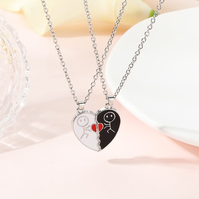2pcs Magnet Matchstick People Lovers’ Black White Heart Pendant Chain Matching N