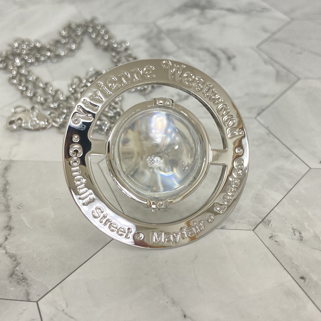 Vivienne Westwood Necklace Small Orb Silver Clear 80cm Top 4.5cm w/Pouch NO BOX