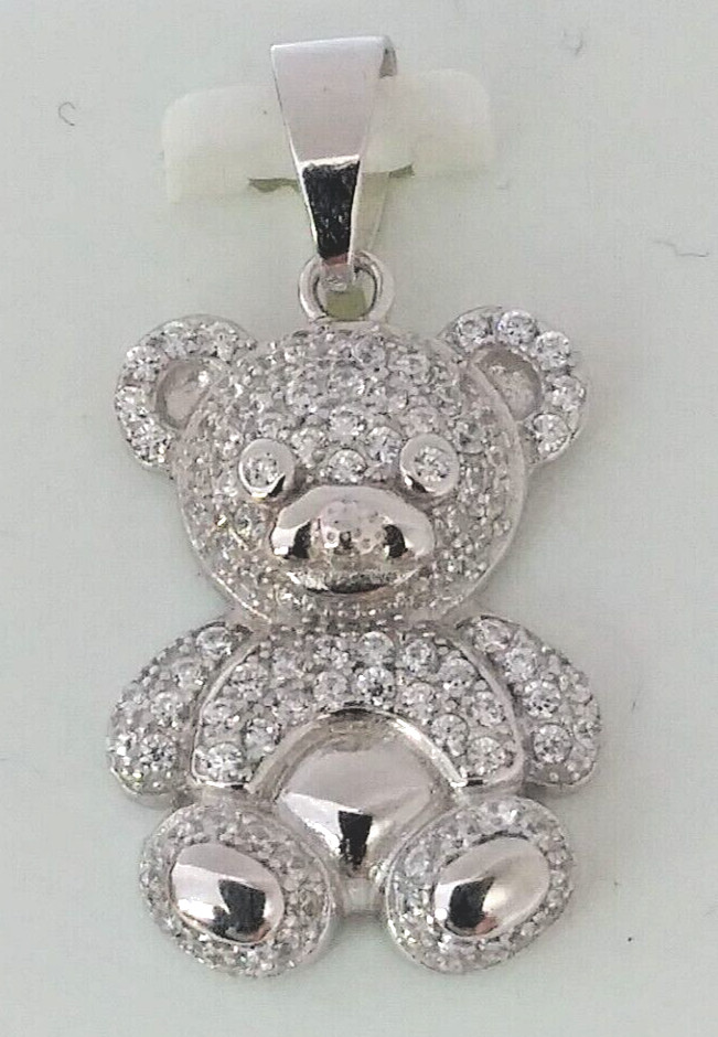 925 Sterling Silver Pendant Iced Teddy Bear cubic zirconia CZ’s MEDIUM 26X12MM