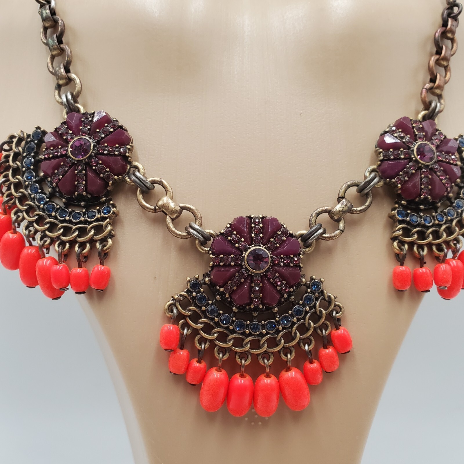 J Crew Necklace 18in +3 Brass Tone Neon Orange Bead Purple Crystals READ Flaw