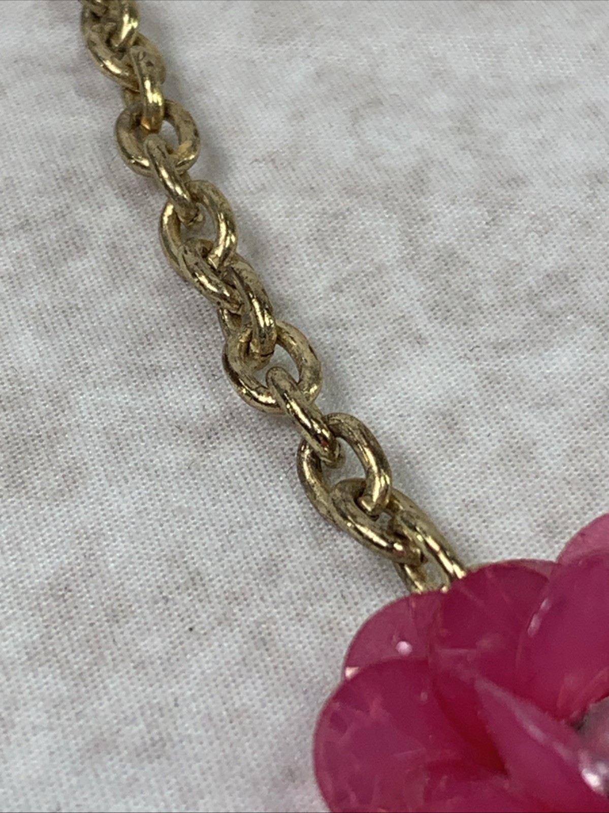 Womans Floral Necklace Pink Fuchsia Flowers and Clear Stones Gold Tone