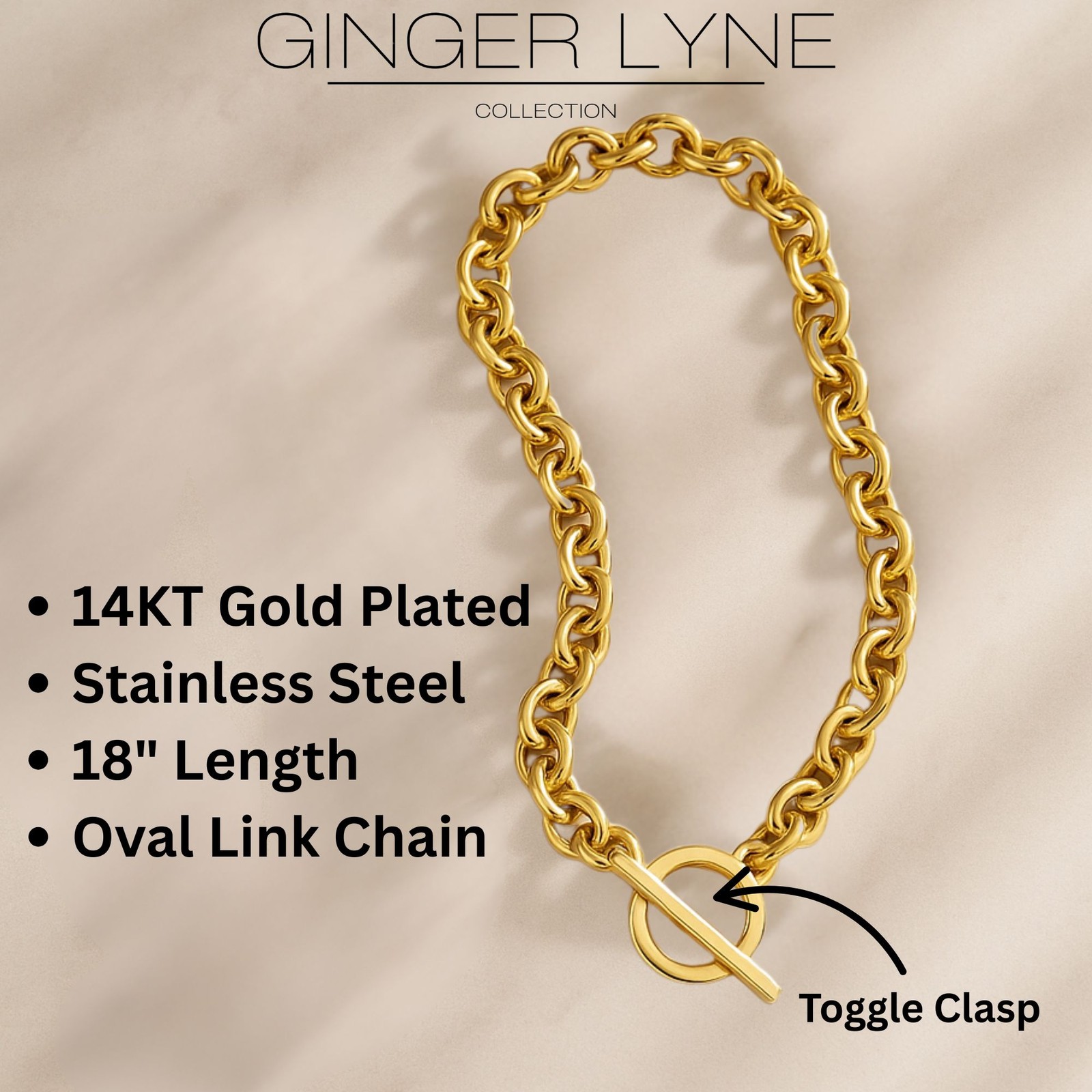 Oval Link Toggle Necklace for Women Heavy Weight 14KT Gold Plated Stainless S…