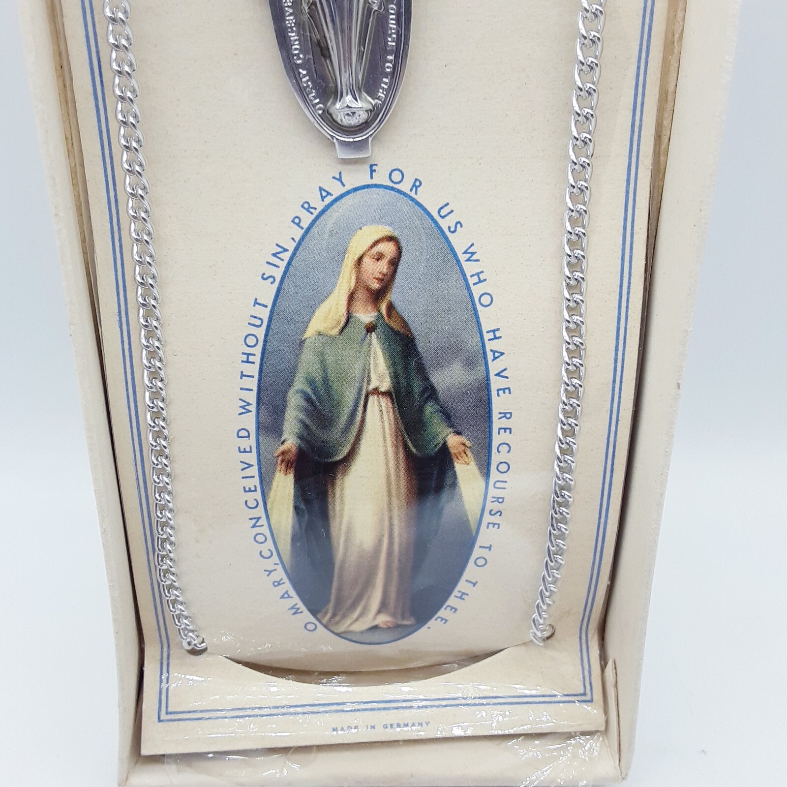 NOS Vintage Catholic Virgin Mary Medal Pendant Necklace 18″ Germany Made silver