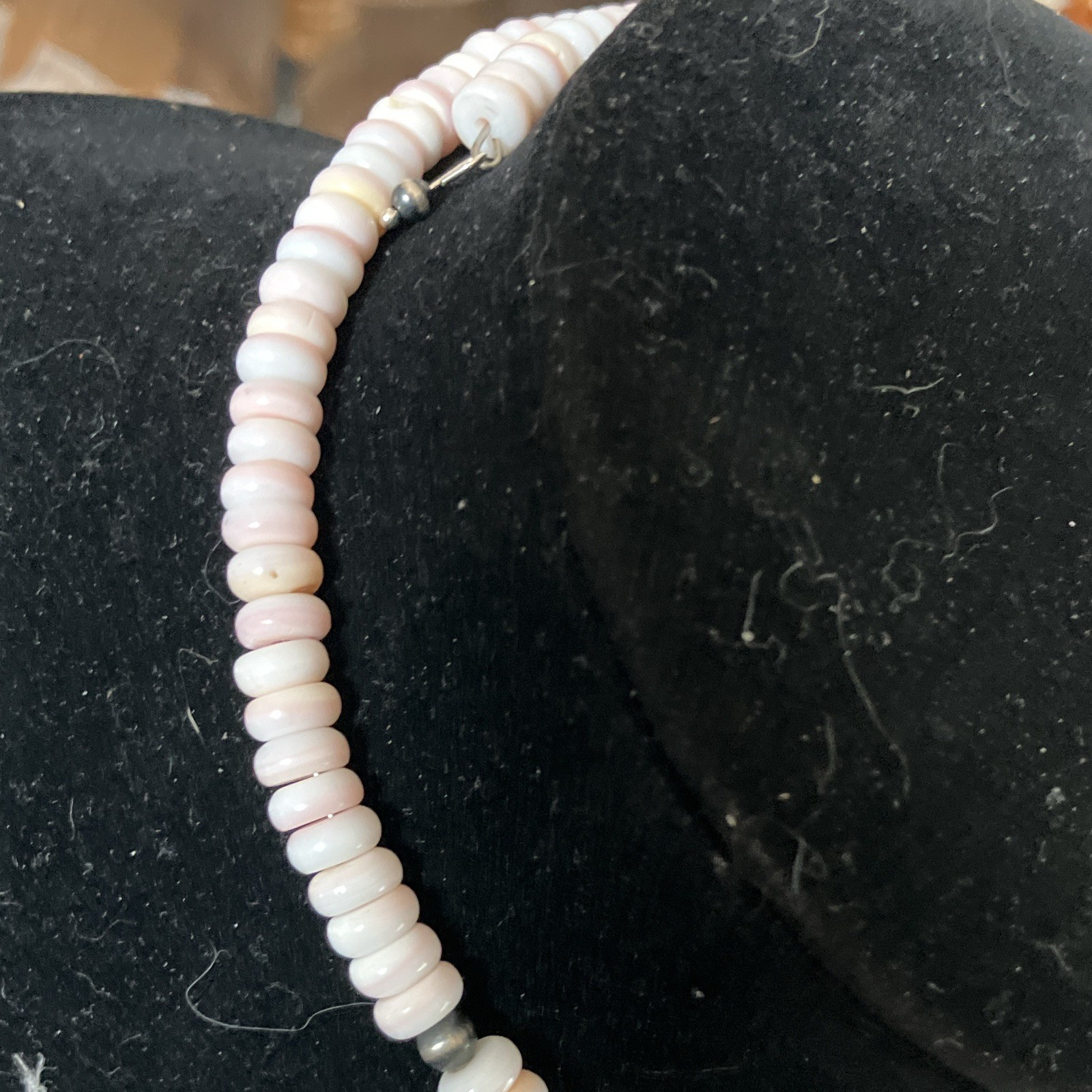 Pink Conch & Sterling Bead Stretch Choker Necklace & Teardrop Pink Conch Pndnt