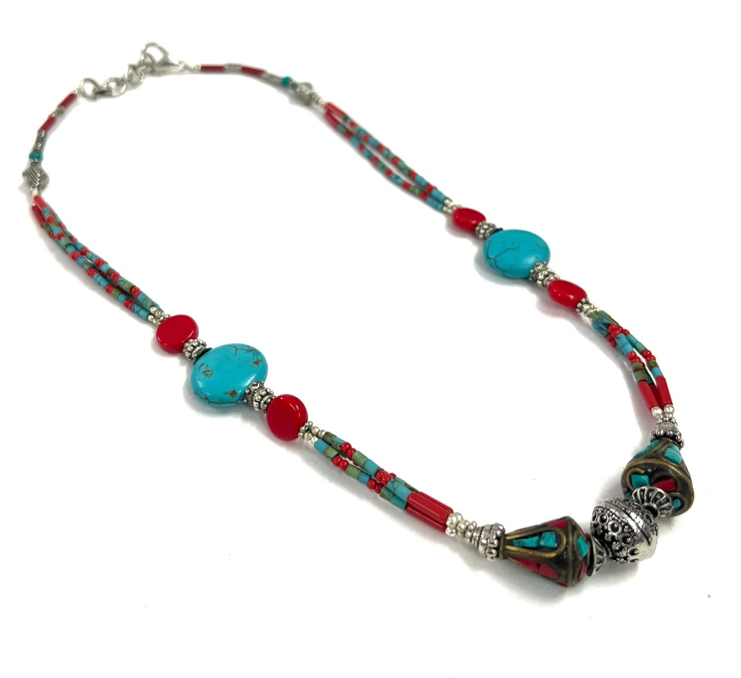 Tibetan Turquoise Coral Gemstone Handmade Necklace Jewelry, 18 Inch Adjs