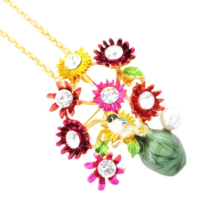 New Fashion Multicolour Enamel Cute Flower Vase Crystal Pendant Women Necklace