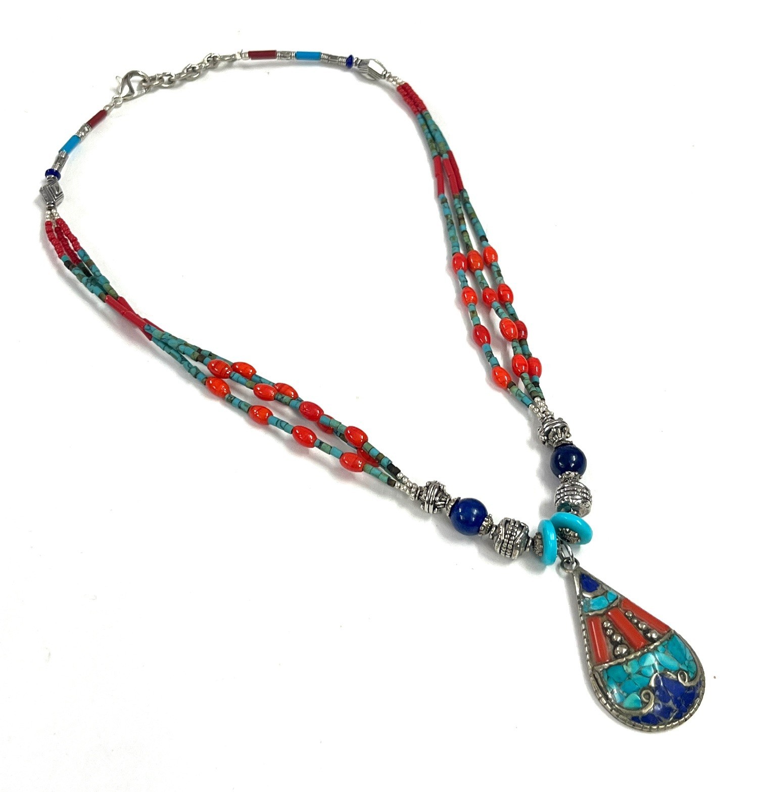 Antique Coral Turquoise Gemstone Tibetan Art Deco Necklace Jewelry, 18 inch Adju