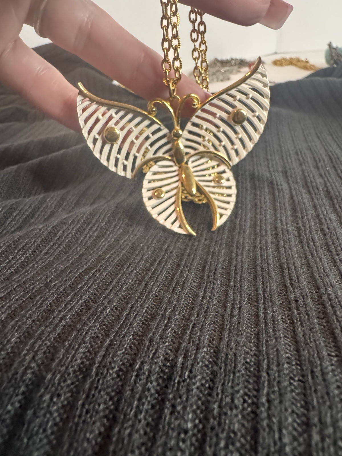 Vintage Butterfly Necklace White And Gold On Long Gold Tone Chain
