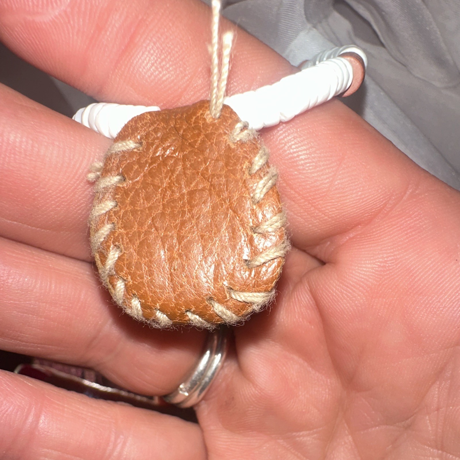 Beaded Choker Necklace w/ Oval Cowrie Shell Pendant Charm, White Brown