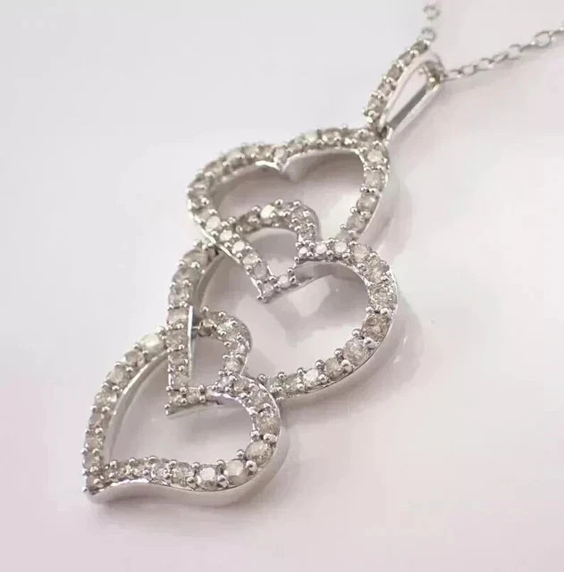 2Ct Round Simulated Diamond Three Heart Pendant Necklace 14K White Gold Plated