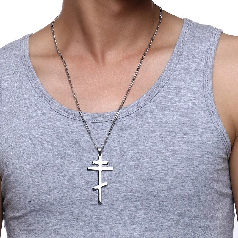Silver Cross Necklace Eastern Orthodox Stainless Steel Pendant Men Russian Greek