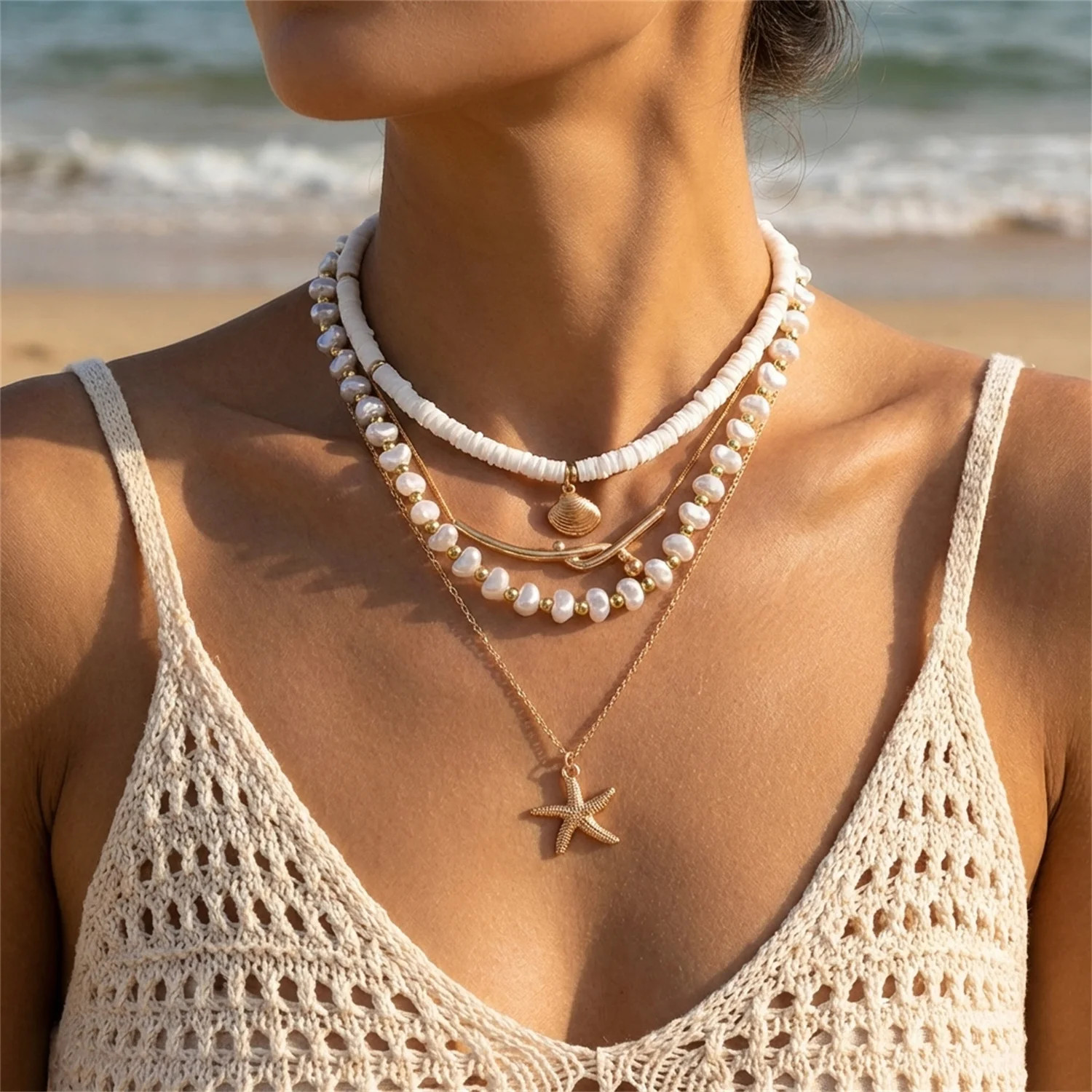 Boho Multilayer Starfish Shell Conch Pendant Necklace For Women Trendy Summer Be