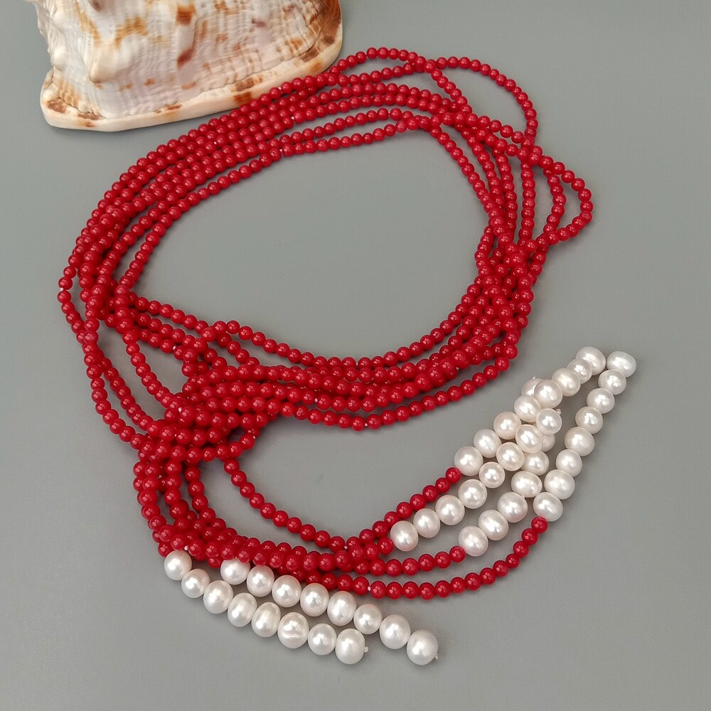 3 Rows Red Coral Cultured White Pearl Lariat Long Necklace 50″