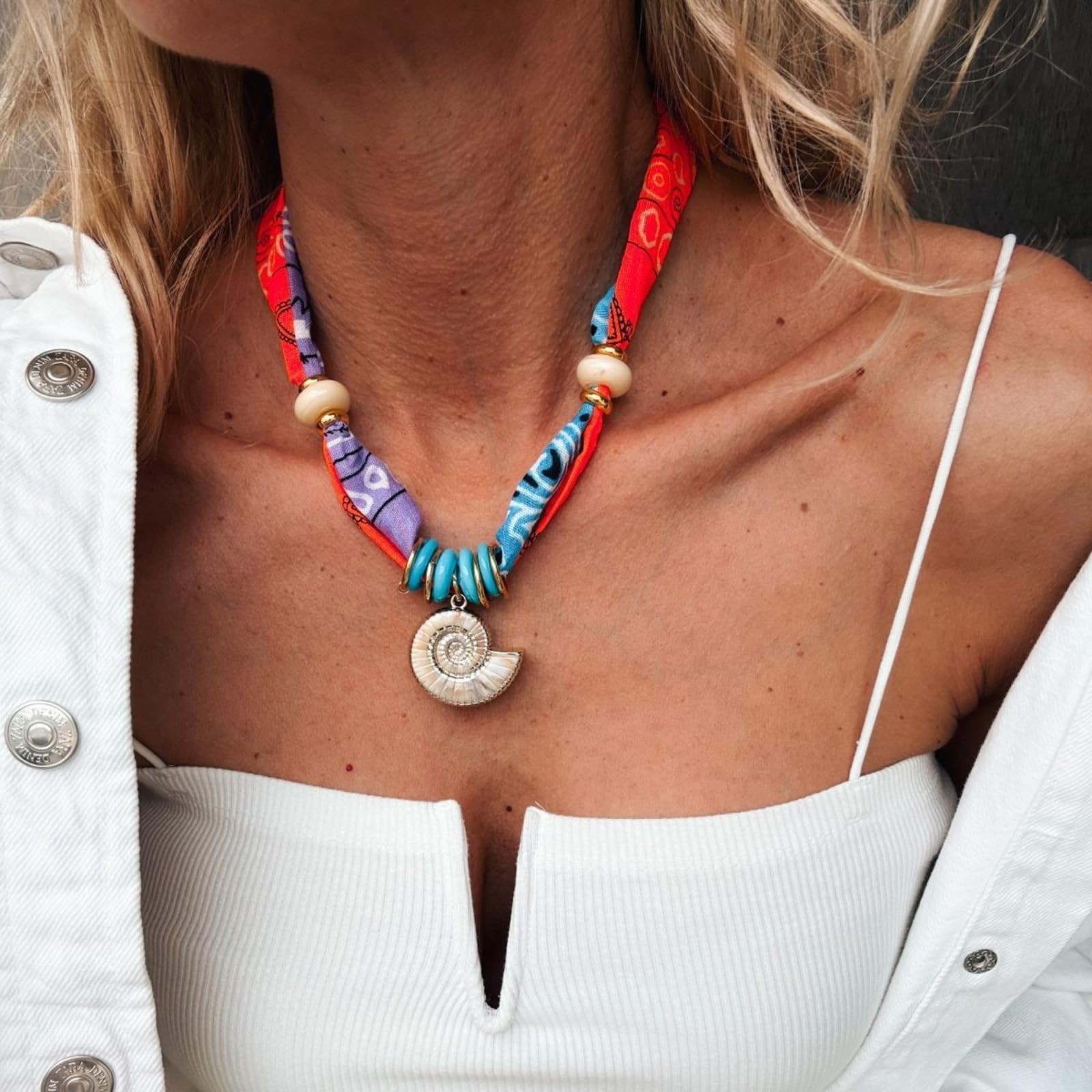 YANCHUN Scarf Necklace with Charm Bandana Necklaces Jewelry Conch Shell Accen…